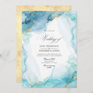Invitation Elégant Mariage d'encre de marbre bleu et or