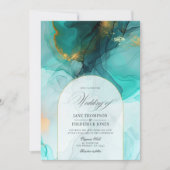 Invitation Élégant Mariage d'encre Turquoise et Gold (Devant)