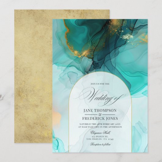 Invitation Élégant Mariage d'encre Turquoise et Gold (Devant / Derrière)
