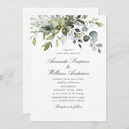 Invitation Elégant Mariage d'Eucalyptus Bohème (Devant / Derrière)