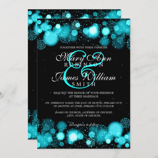 Invitation Élégant Mariage d'hiver Turquoise Lights (Devant / Derrière)