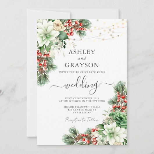 Invitation Élégant mariage d'hiver vert émeraude florale (Devant)