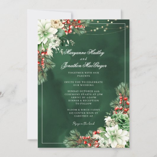 Invitation Élégant mariage d'hiver vert émeraude florale (Devant)
