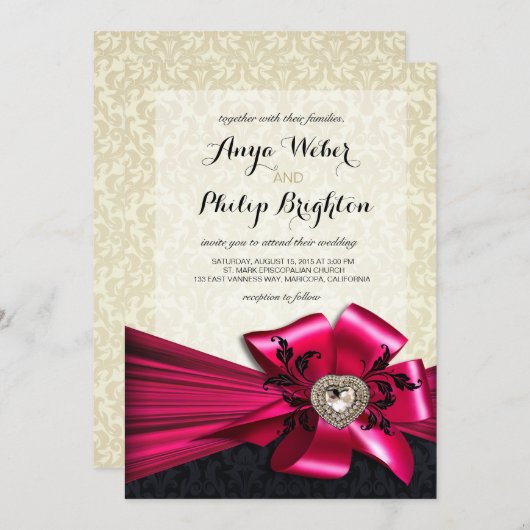 Invitation Élégant Mariage Diamante Satin Bow | fuchsia ivoir (Devant / Derrière)