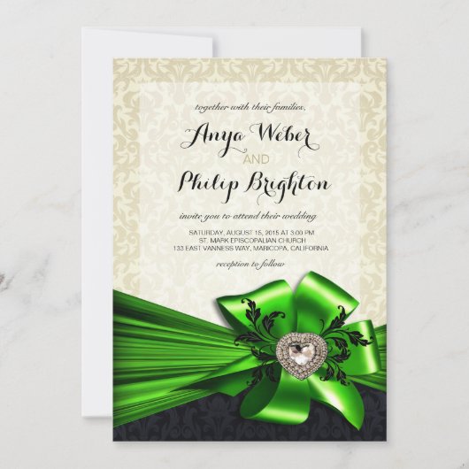 Invitation Élégant Mariage Diamante Satin Bow | vert ivoire (Devant)