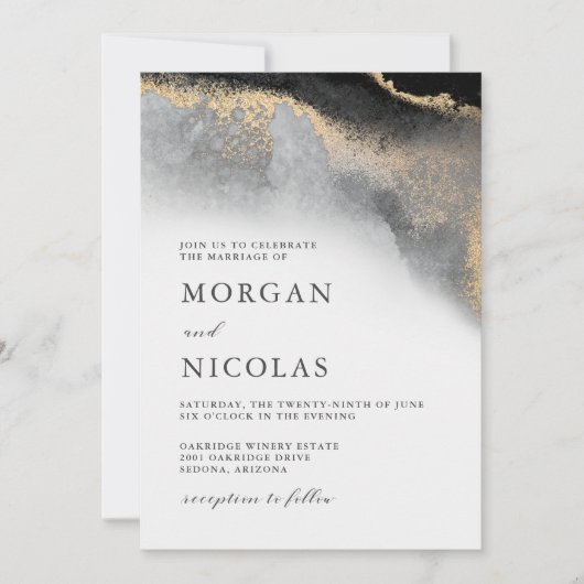 Invitation Élégant Mariage d'opulence marbré noir et or (Devant)