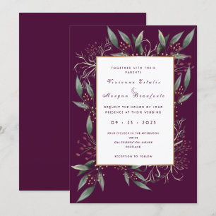Invitation Élégant mariage d'or à feuilles vertes de Bourgogn