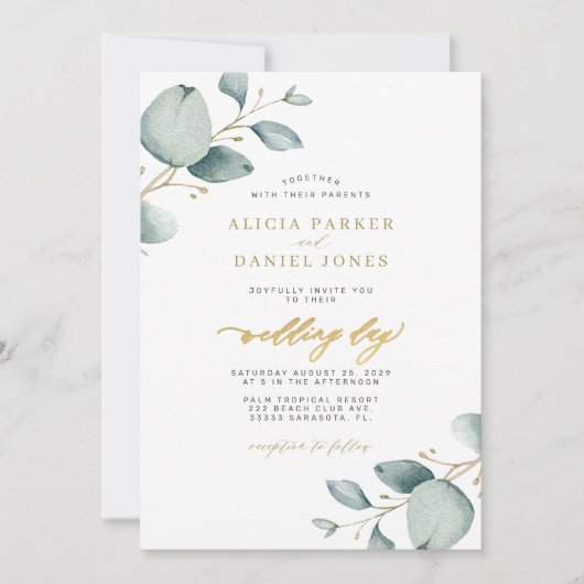 Invitation Elégant mariage d'or de verdure eucalyptus (Devant)