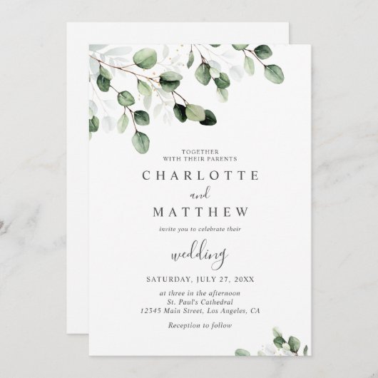 Invitation Elégant Mariage d'or Eucalyptus (Devant / Derrière)