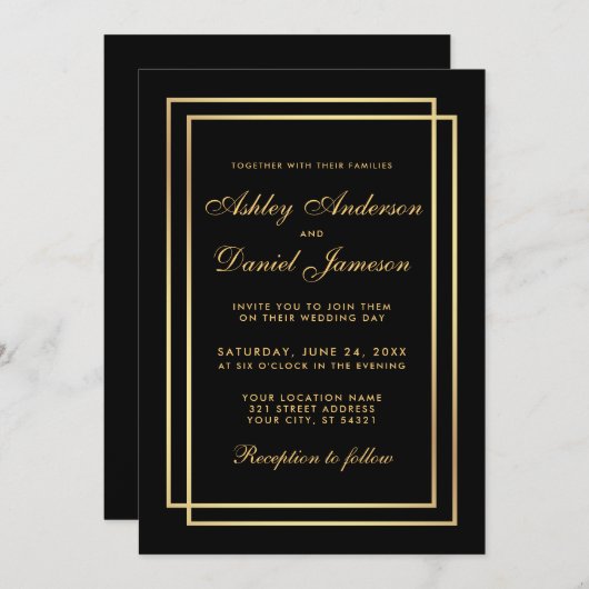 Invitation Elégant Mariage d'or moderne Black White Invitatio (Devant / Derrière)