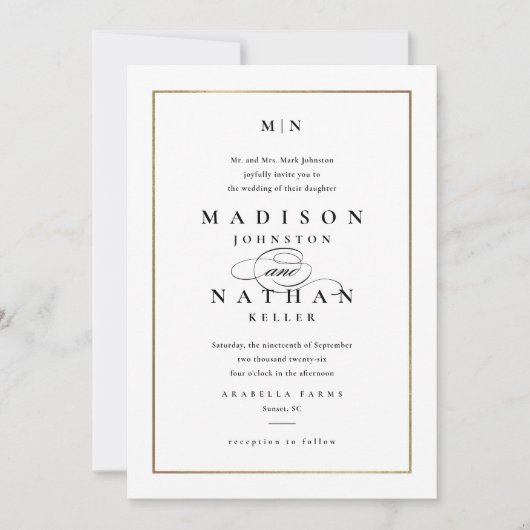 Invitation Élégant Mariage d'or Monogram (Devant)