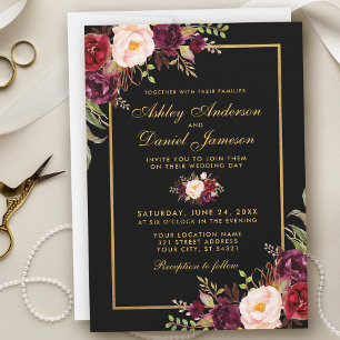 Invitation Élégant Mariage d'or noir floral bordeaux