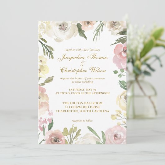 Invitation Élégant Mariage d'or rose rose rose flou printemps (Debout devant)