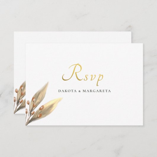 Invitation Élégant mariage d'or RSVP à feuilles rousses (Devant / Derrière)