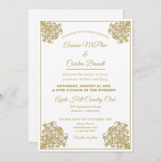 Invitation Élégant Mariage doré (Devant / Derrière)