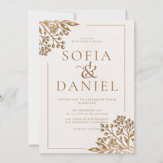 Invitation Elégant Mariage doré fleuri beige (Devant)