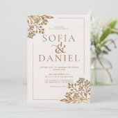 Invitation Elégant Mariage doré fleuri beige (Debout devant)