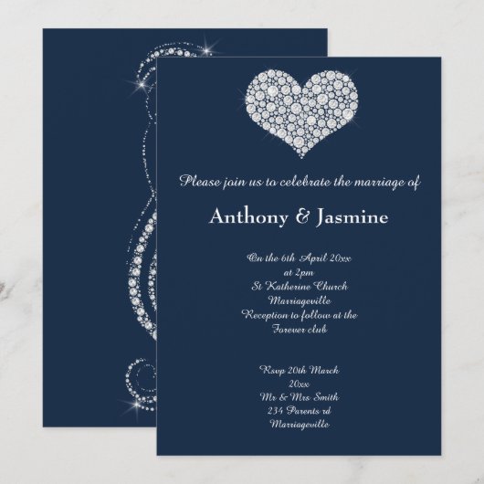 INVITATION ÉLÉGANT MARIAGE DU COEUR DE LA NAVY DIAMOND SWIRL (Devant / Derrière)