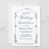 Invitation élégant mariage élégant à la sauce florale bleu (Devant)