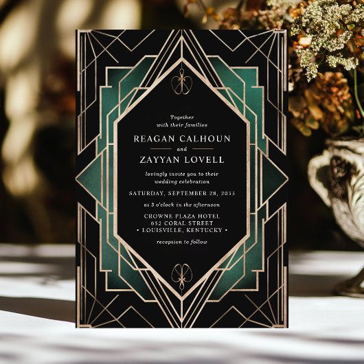 Invitation Élégant Mariage Emerald Art Déco Noir et Or