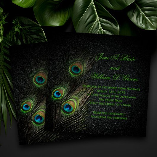 Invitation Élégant Mariage Emerald Green Black Gold Peacock
