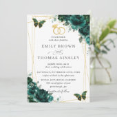 Invitation Elégant Mariage Emerald Green Butterflies Floral (Debout devant)