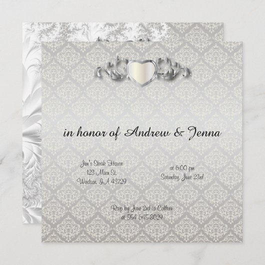Invitation Elégant Mariage en argent Damask Style 3 (Devant / Derrière)