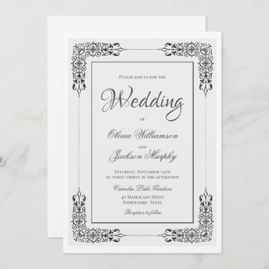 Invitation Élégant Mariage en argent et en dentelle blanche (Devant / Derrière)