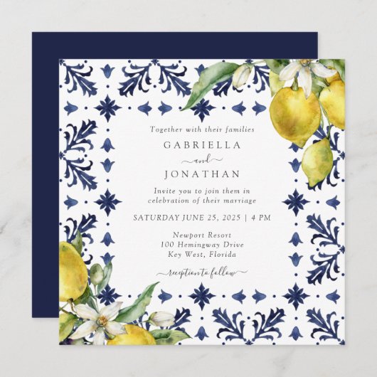 Invitation Élégant Mariage en carrelage bleu citron (Devant / Derrière)