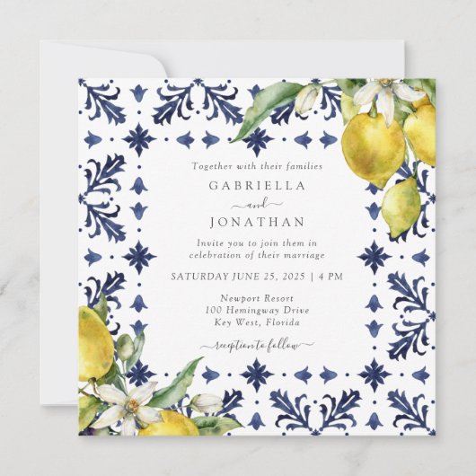Invitation Élégant Mariage en carrelage bleu citron (Devant)