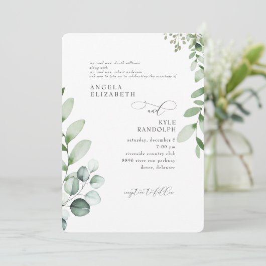 Invitation Élégant Mariage en cascade d'Eucalyptus arrondi (Debout devant)