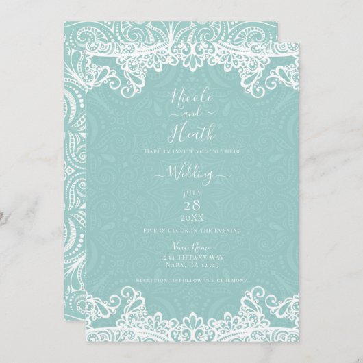Invitation Elégant Mariage en dentelle blanche Turquoise (Devant / Derrière)