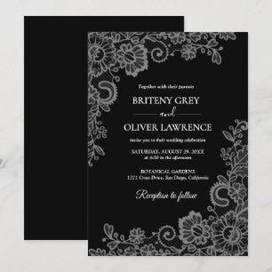 Invitation Élégant Mariage en Dentelle Fleurie Noir et Argent