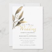 Invitation Élégant mariage en feuille de brun à script d'or r (Devant)