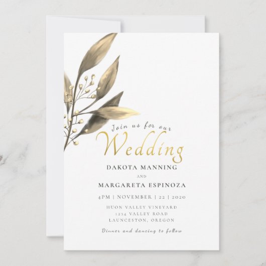 Invitation Élégant mariage en feuille de brun à script d'or r (Devant)