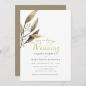 Invitation Élégant mariage en feuille de brun à script d'or r (Devant / Derrière)