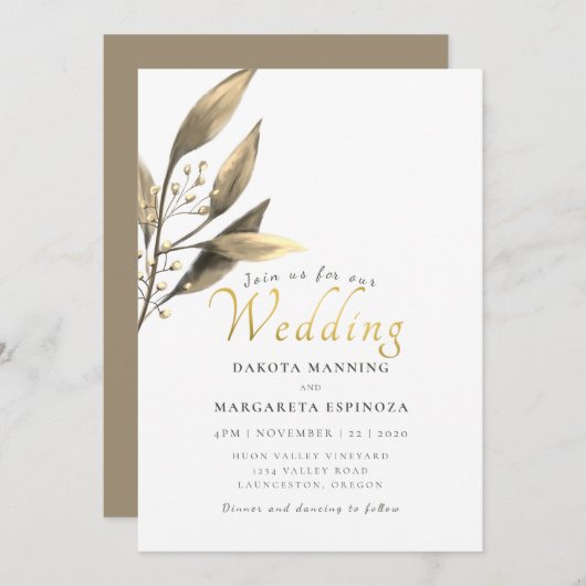 Invitation Élégant mariage en feuille de brun à script d'or r (Devant / Derrière)