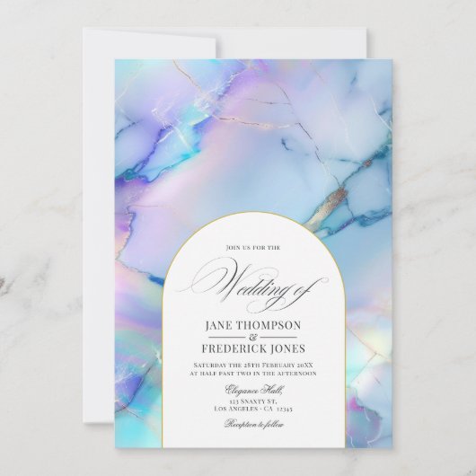 Invitation Elégant Mariage en marbre holographique Faux (Devant)