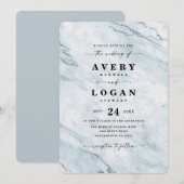 Invitation Elégant Mariage en marbre métallique bleu et argen (Devant / Derrière)