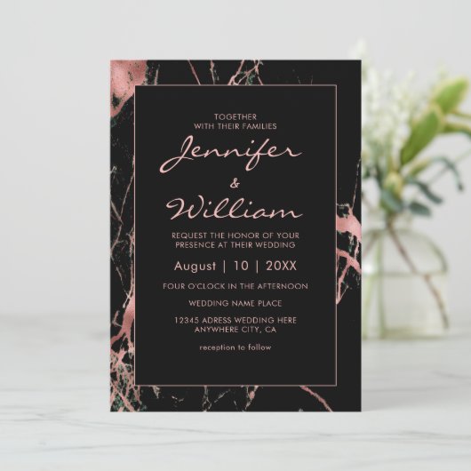 Invitation Élégant Mariage en marbre noir moderne (Debout devant)
