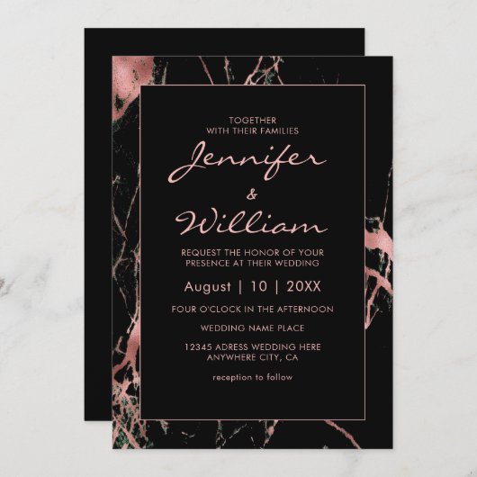 Invitation Élégant Mariage en marbre noir moderne (Devant / Derrière)