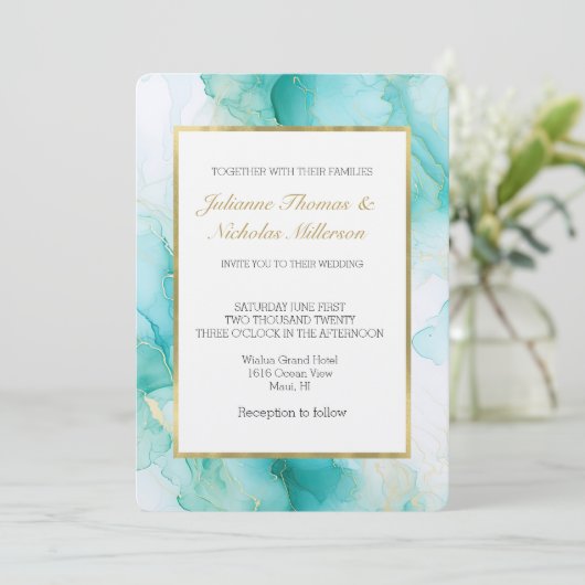 Invitation Elégant Mariage en marbre or Mint Aqua Pearl (Debout devant)