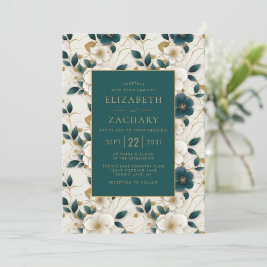 Invitation Élégant Mariage en or Turquoise foncé en ivoire fl (Debout devant)