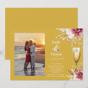 Invitation élégant mariage en verre de champagane à fleurs fi