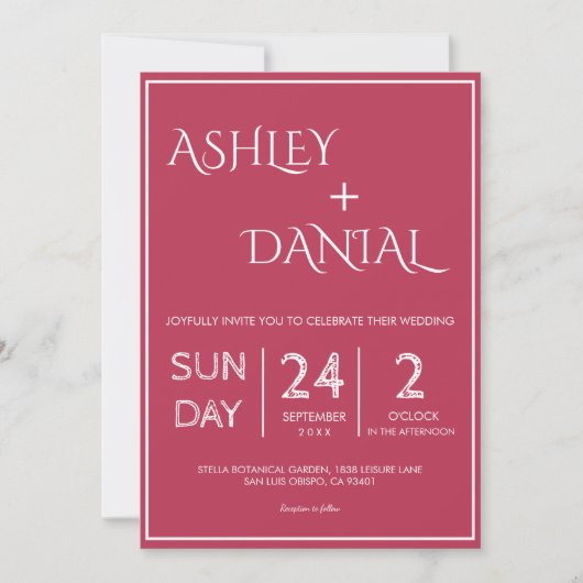 Invitation Élégant Mariage encadré Magenta Simple Script Blan (Devant)