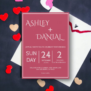 Invitation Élégant Mariage encadré Magenta Simple Script Blan
