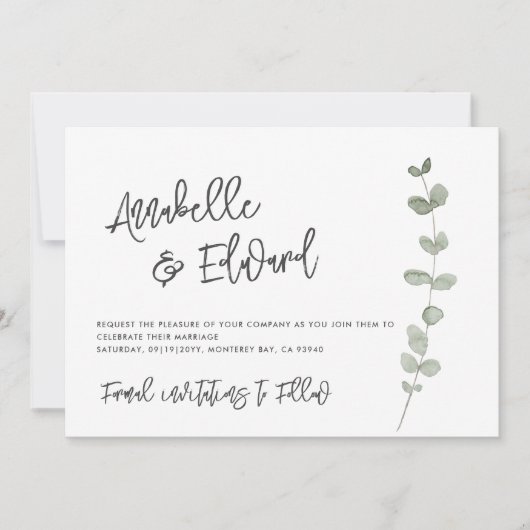 Invitation Elégant mariage enregistrer la date photo eucalypt (Devant)