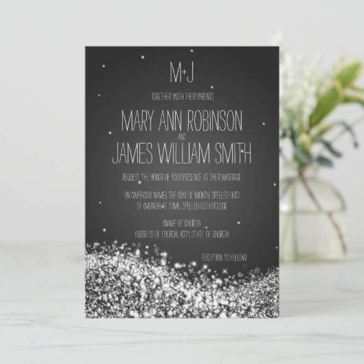 Invitation Élégant mariage étincelant Vague Noir (Debout devant)