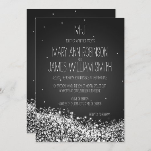 Invitation Élégant mariage étincelant Vague Noir (Devant / Derrière)
