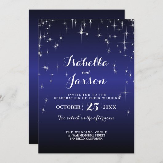 Invitation Élégant Mariage étoilé en bleu foncé (Devant / Derrière)